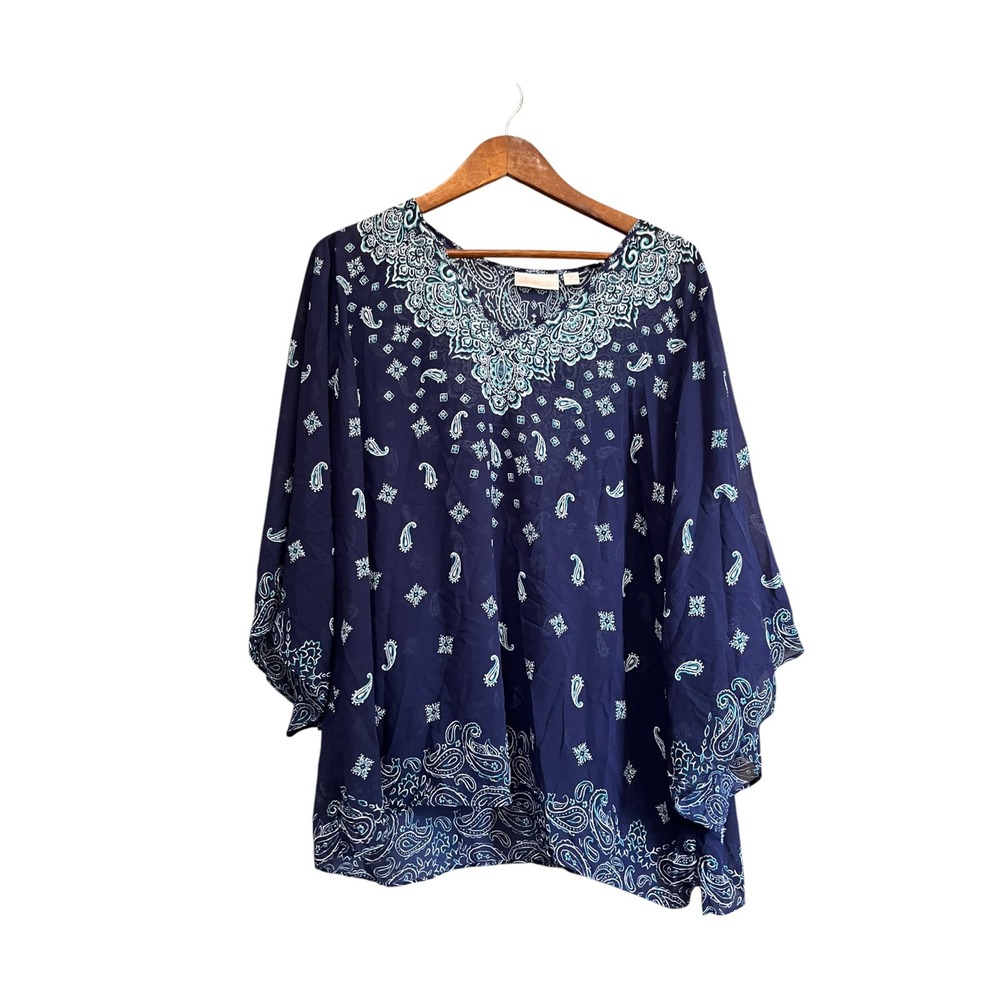 Belle Kim Gravel Tunic Women XL Navy Blue Excellent Paisley V-Neck Chiffon Top